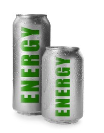 Image of Cans of energy drink on white background