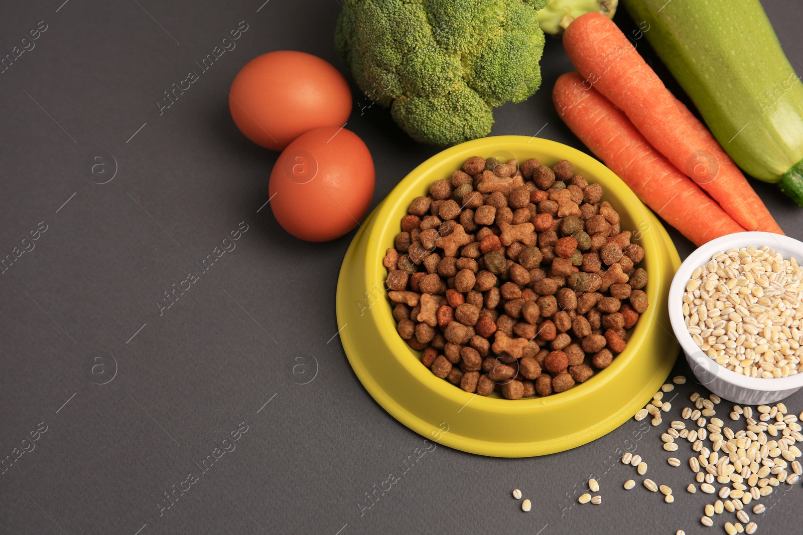 Photo of Dry pet food and products on black background, space for text