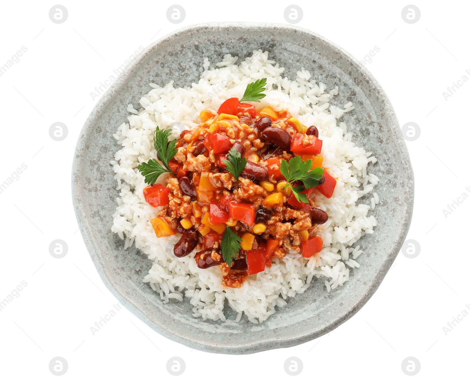 Photo of Plate of rice with chili con carne on white background, top view