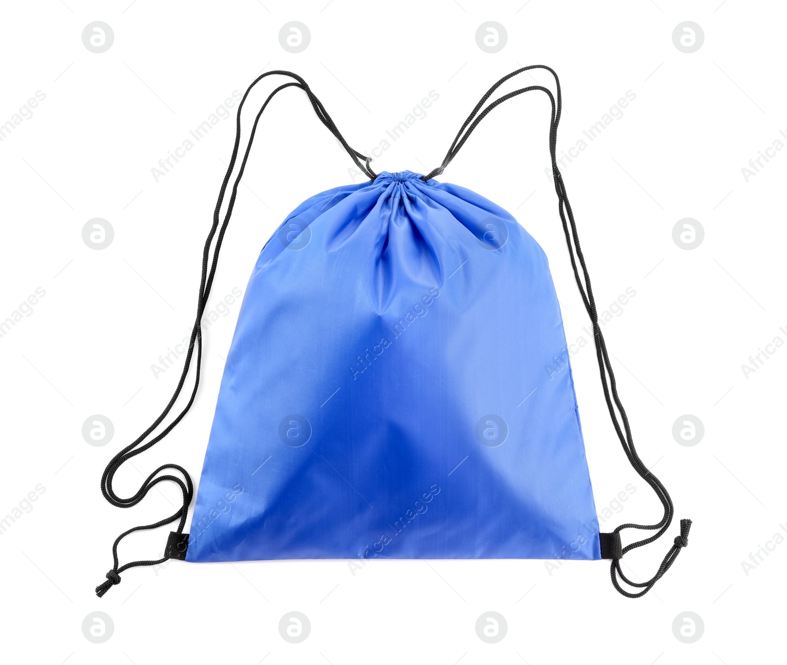 Photo of One blue drawstring bag isolated on white