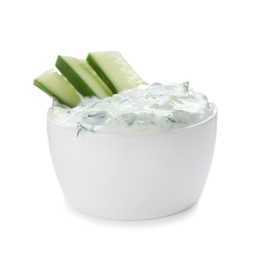 Photo of Bowl with cucumber sauce on white background