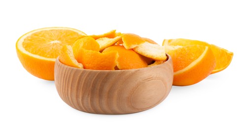 Photo of Orange peels preparing for drying and fresh fruits isolated on white