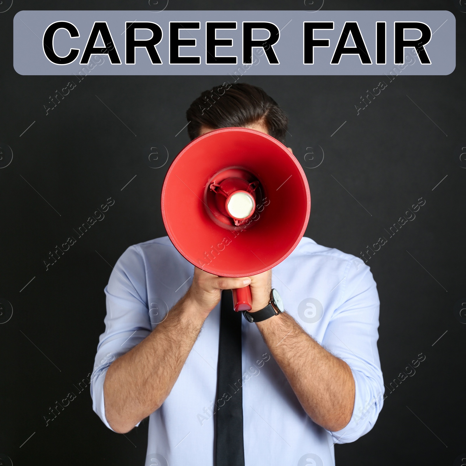 Image of Man with megaphone and words CAREER FAIR on black background