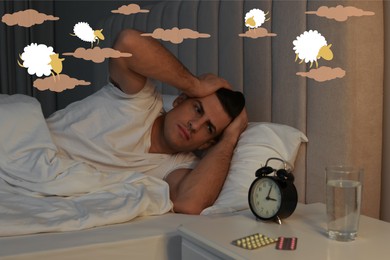Image of Man trying to fall asleep counting sheep in bed at night