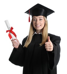 Happy student with diploma on white background