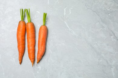 Photo of Fresh ripe juicy carrots on light grey marble table, flat lay. Space for text