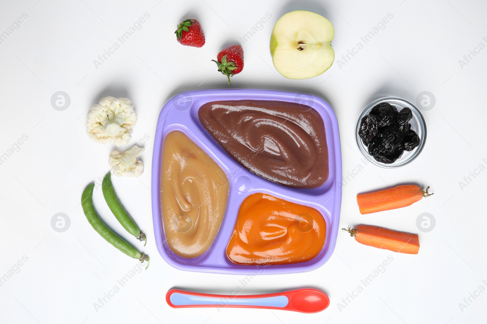 Photo of Flat lay composition with healthy baby food and ingredients on white background