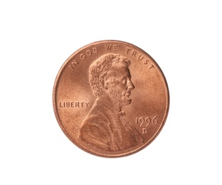 Photo of United States one cent coin on white background