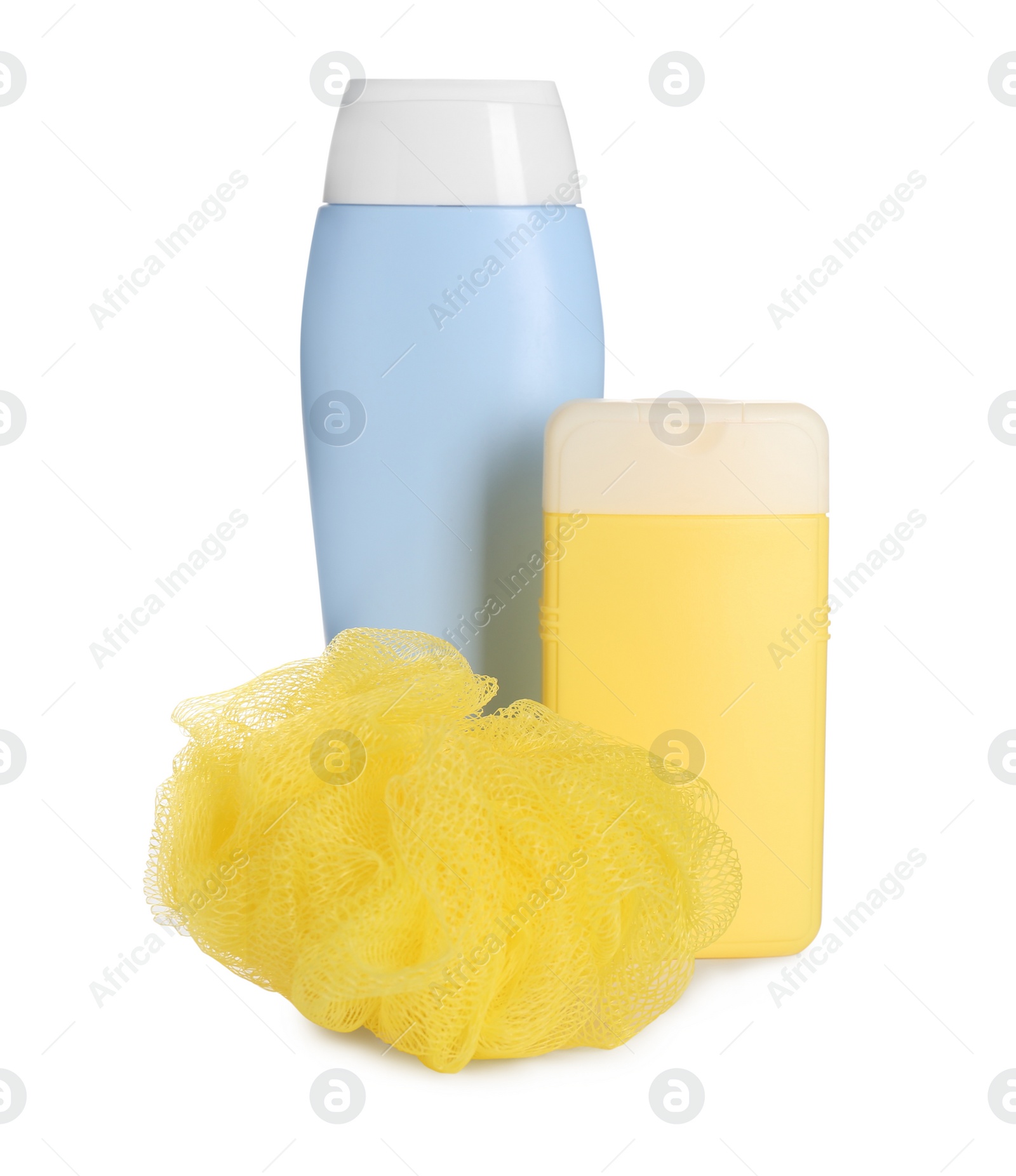 Photo of Different shower gel bottles and bast wisp on white background