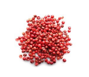 Photo of Heap of red peppercorns on white background, top view