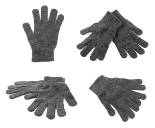 Set of grey woolen gloves on white background