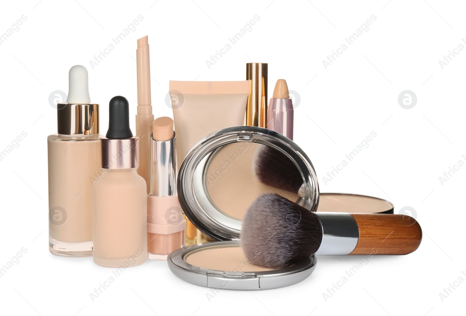 Photo of Foundation makeup products on white background. Decorative cosmetics