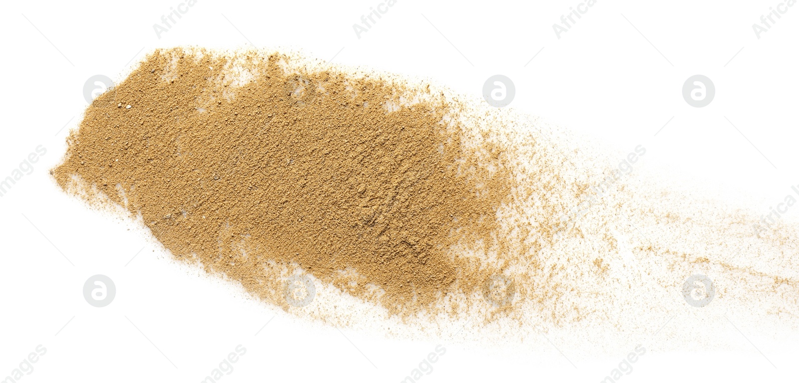 Photo of Pile of brown dust scattered on white background, top view