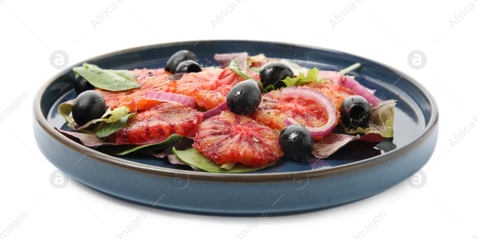 Photo of Plate of delicious sicilian orange salad isolated on white