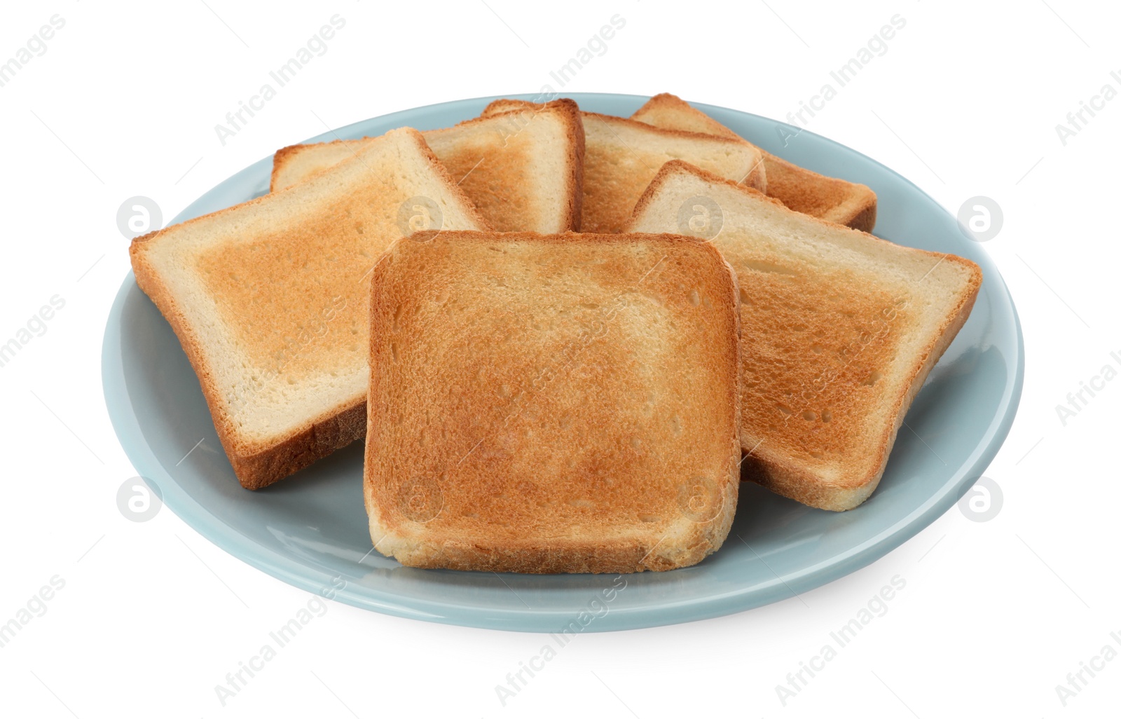 Photo of Plate with slices of delicious toasted bread on white background