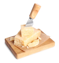 Photo of Parmesan cheese with knife and wooden board on white background
