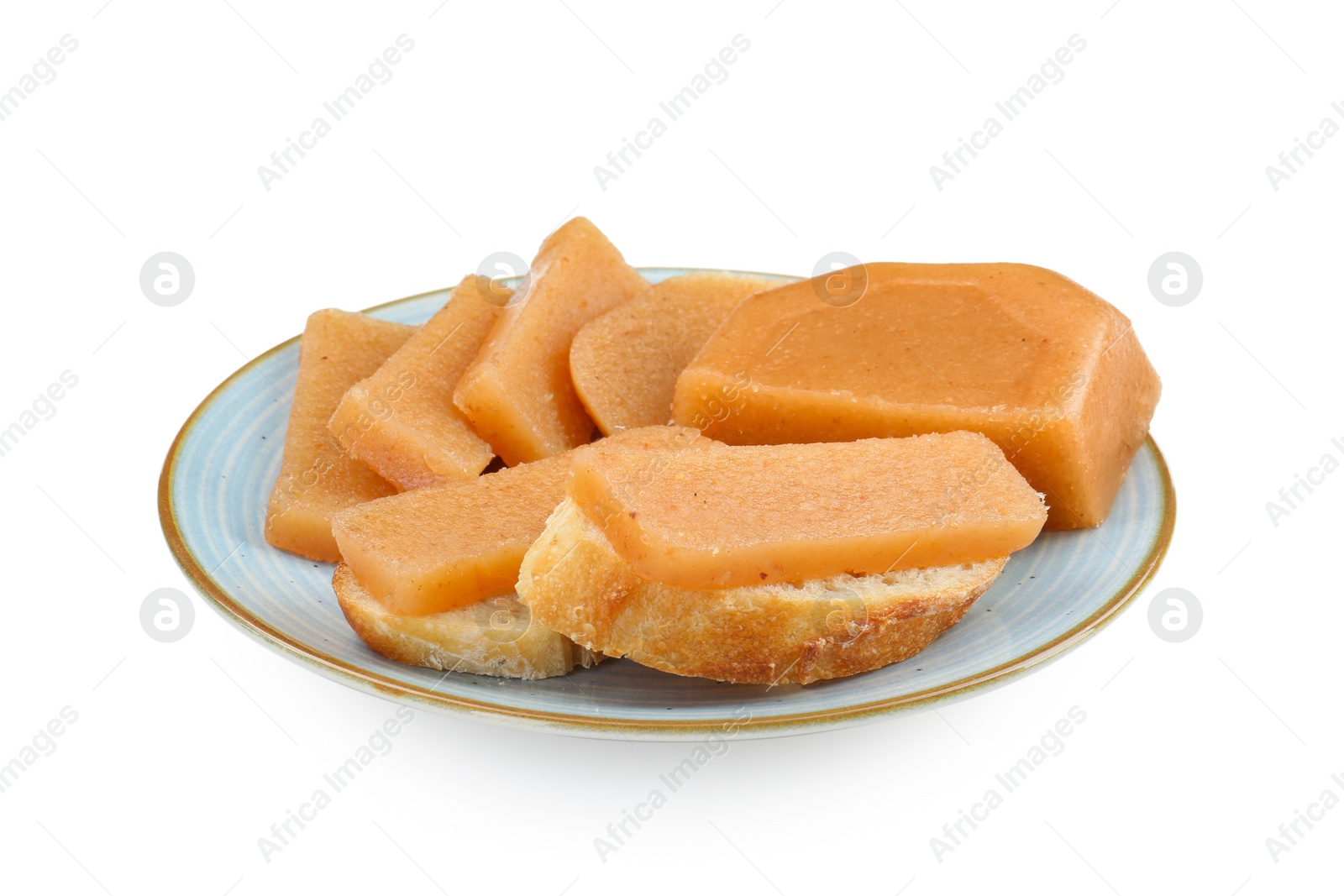 Photo of Delicious sweet quince paste and bread isolated on white