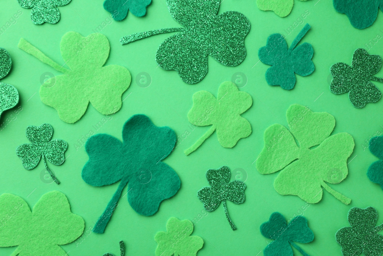 Photo of St. Patrick's day. Decorative clover leaves on green background, flat lay