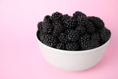 Fresh ripe blackberries in bowl on pink background