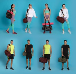 People with sports bags on light blue background, collage