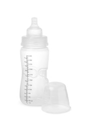 Photo of One empty feeding bottle for infant formula isolated on white