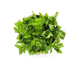 Photo of Bowl with fresh green parsley on white background, top view