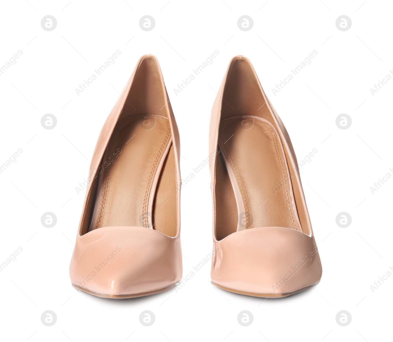 Photo of Pair of beautiful shoes on white background