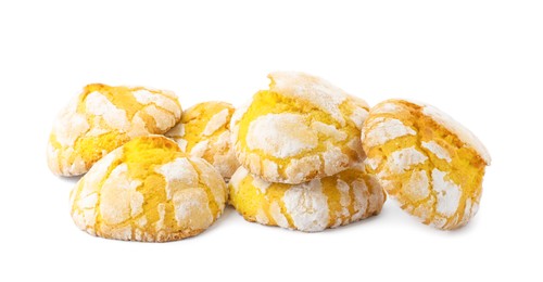 Photo of Tasty homemade lemon cookies on white background