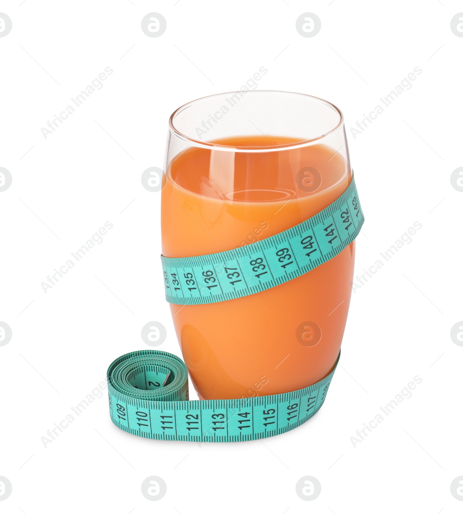 Photo of Tasty shake and measuring tape isolated on white. Weight loss