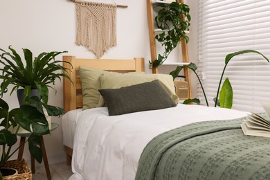 Large comfortable bed and potted houseplants in stylish bedroom. Interior design