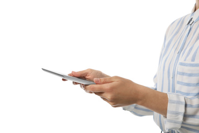 Photo of Businesswoman holding tablet computer on white background, closeup