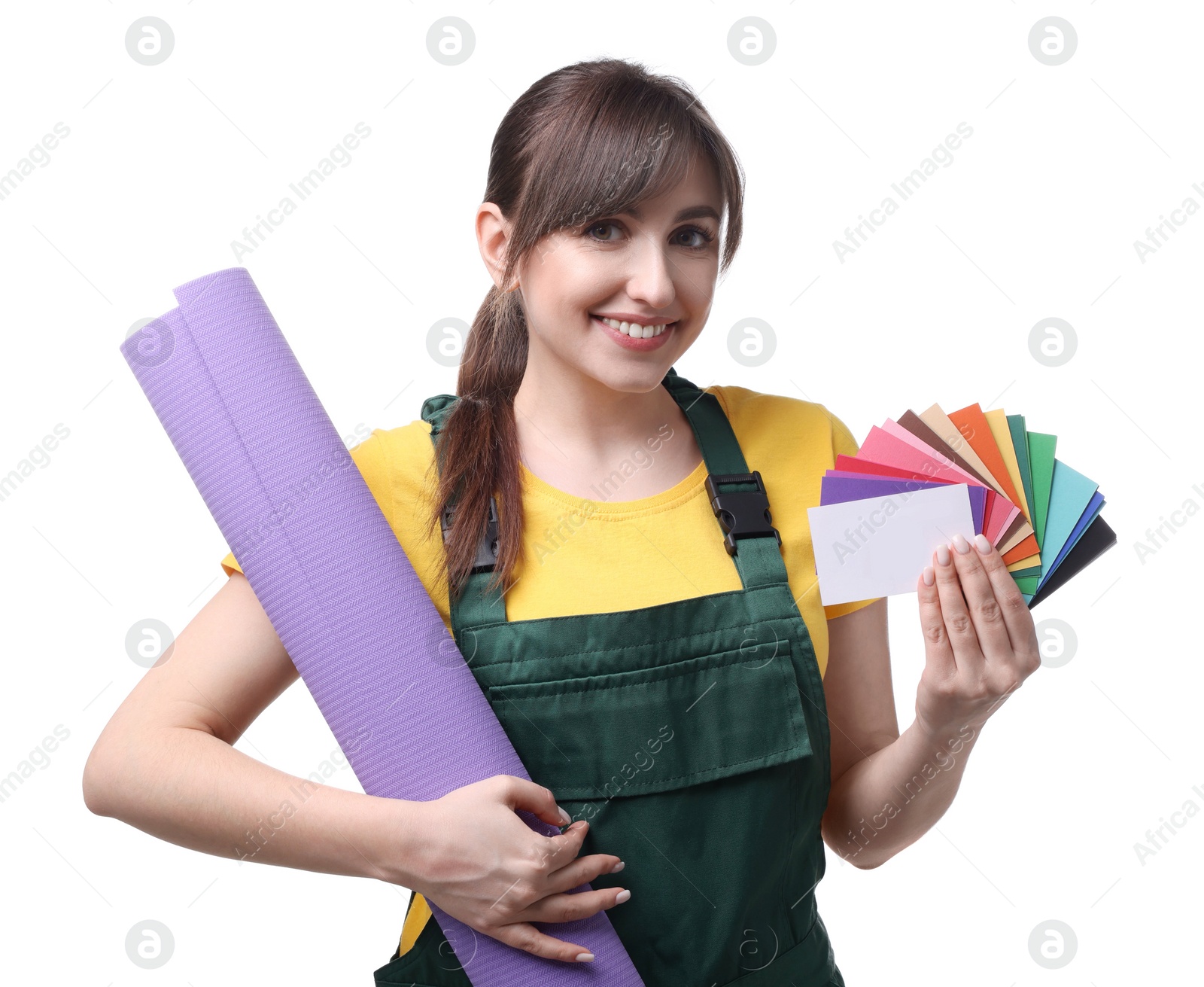 Photo of Beautiful woman with wallpaper roll and color palette on white background