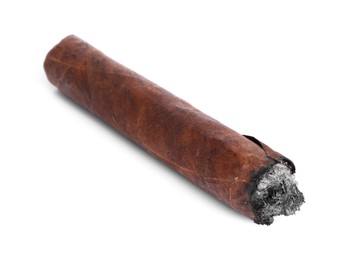 Photo of One burnt expensive cigar isolated on white