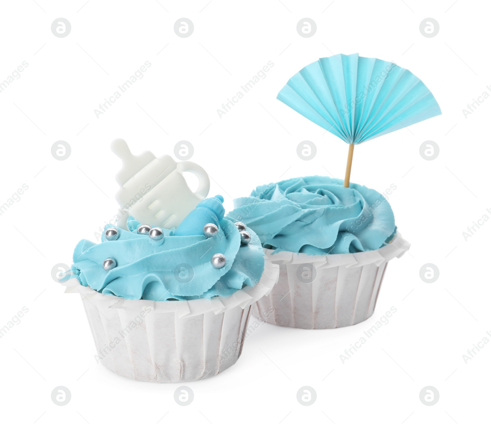 Photo of Baby shower cupcakes with light blue cream on white background