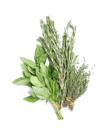 Photo of Fresh green basil, rosemary and thyme on white background, top view. Aromatic herbs