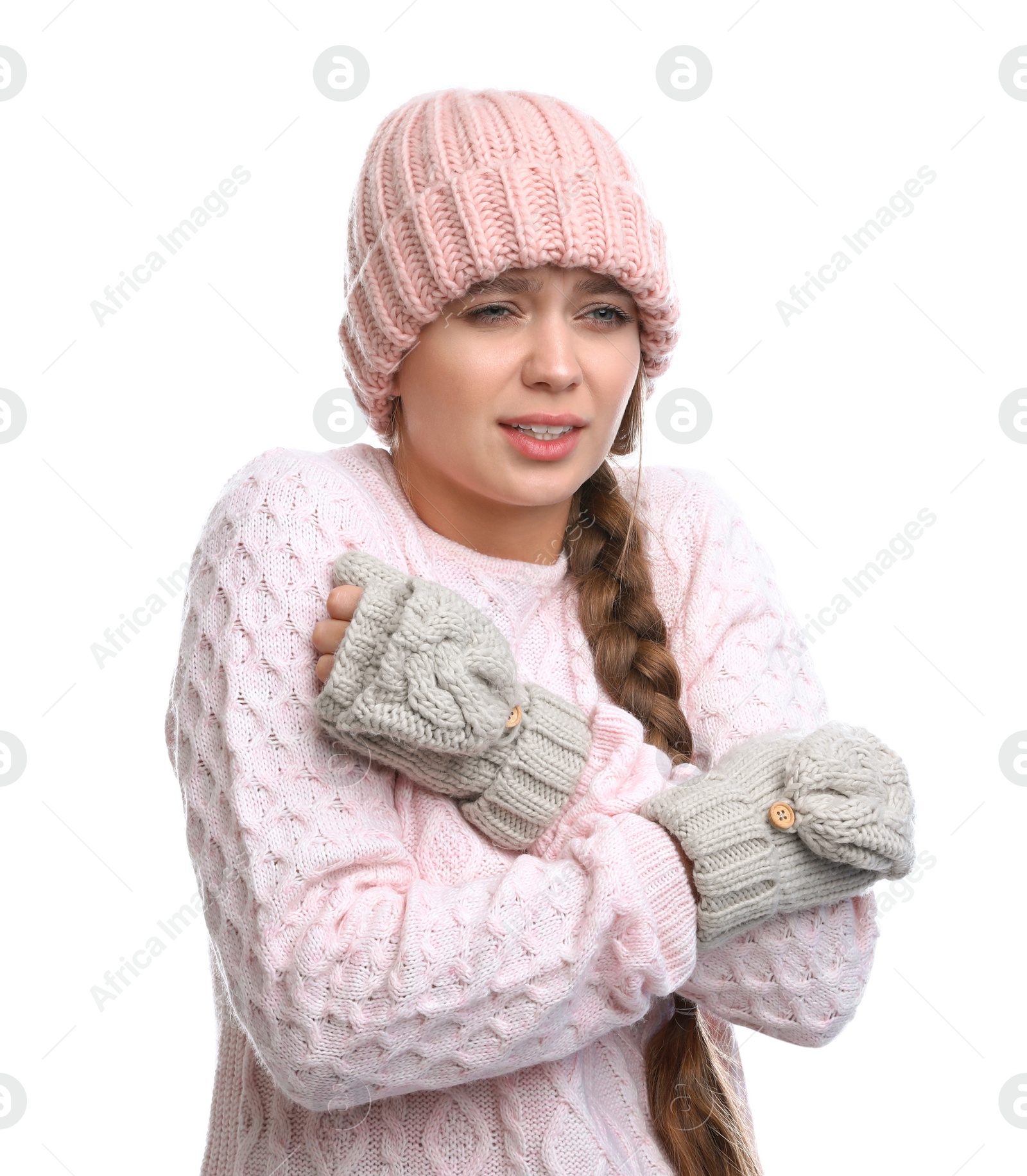 Photo of Young woman suffering from cold on white background