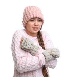 Young woman suffering from cold on white background