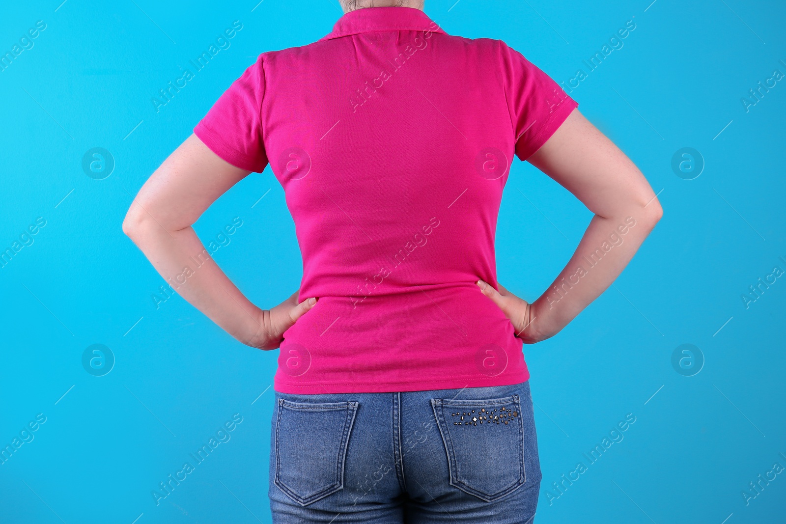 Photo of Overweight woman before weight loss on color background