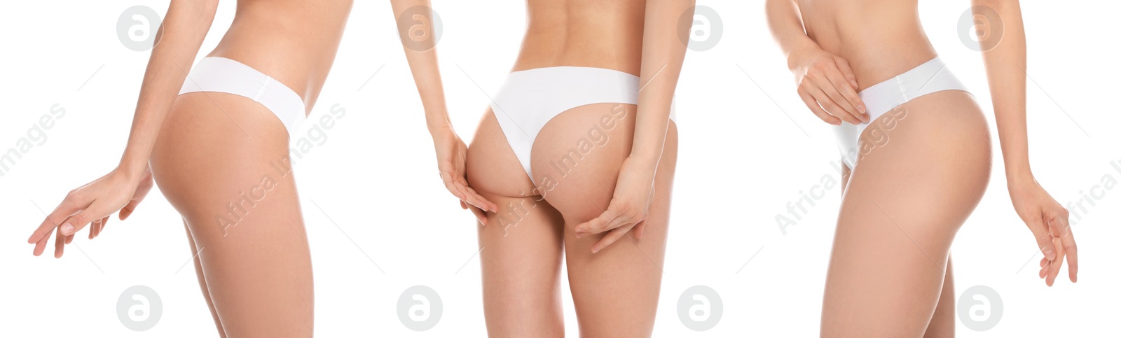 Image of Collage with photos of slim young woman showing smooth skin after epilation on white background, closeup. Banner design