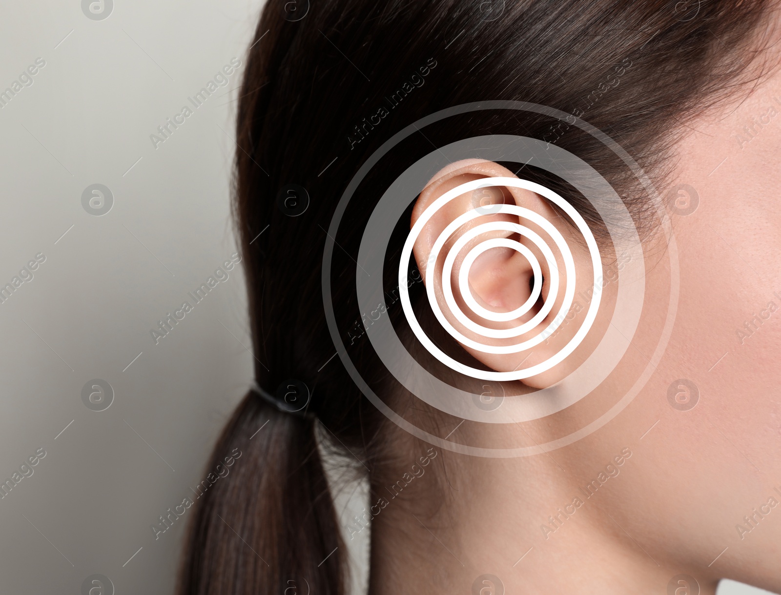 Image of Hearing loss concept. Woman and sound waves illustration on light background, closeup