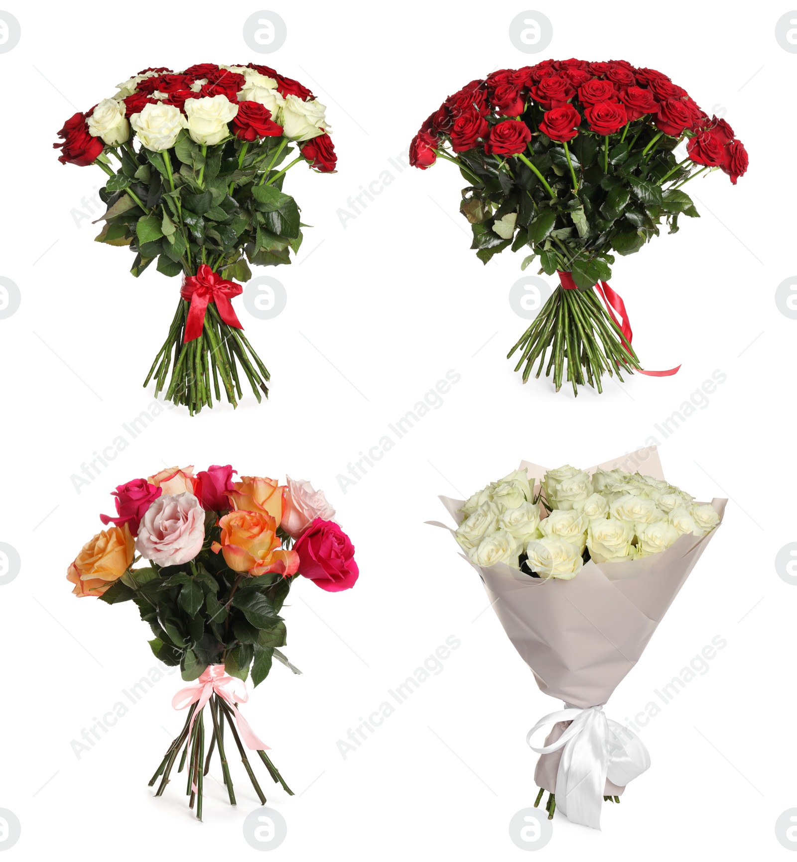 Image of Set of beautiful rose bouquets on white background