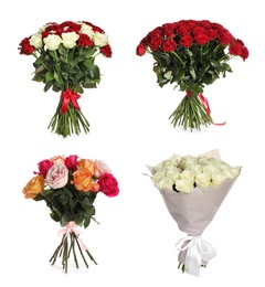 Set of beautiful rose bouquets on white background