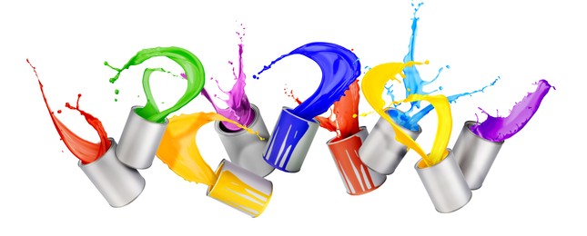 Image of Paint of different colors splashing from cans on white background