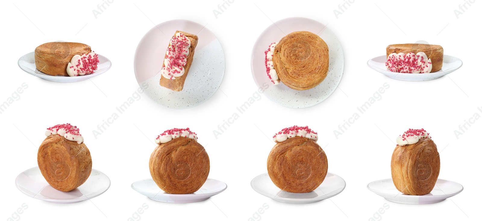 Image of Collection of round croissant isolated on white, top and side views. Puff pastry