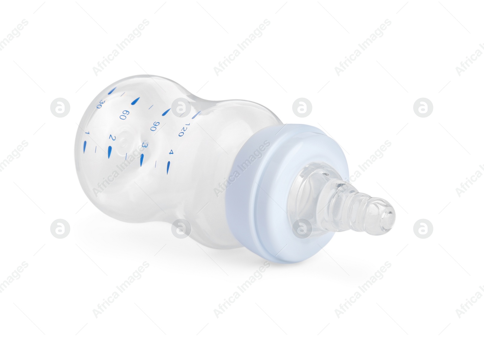 Photo of Empty feeding bottle for infant formula isolated on white