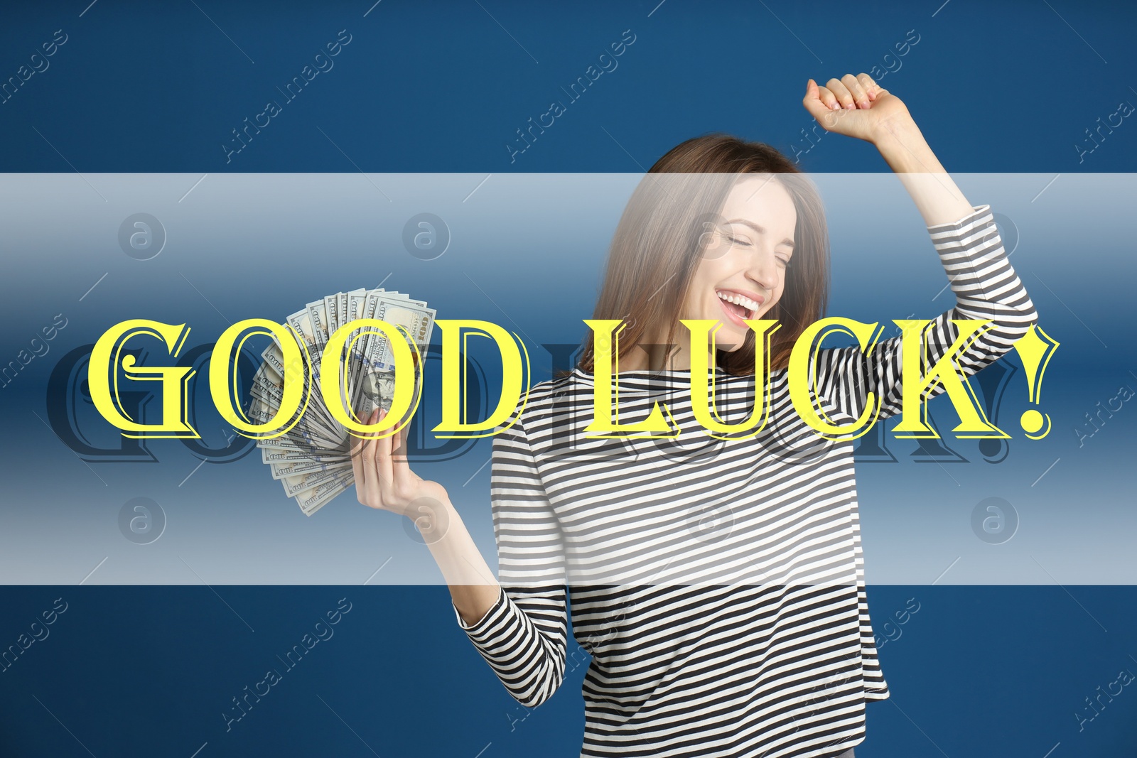 Image of Happy young woman with cash money on blue background. Good luck