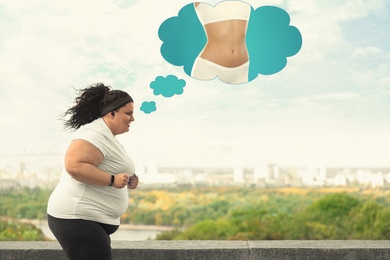 Image of Motivated overweight woman dreaming about slim body while running outdoors. Weight loss concept