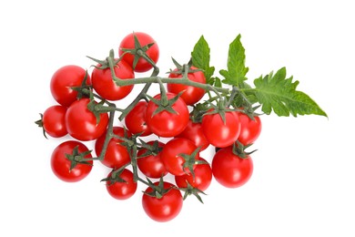 Photo of Fresh ripe cherry tomatoes with leaves on white background, top view