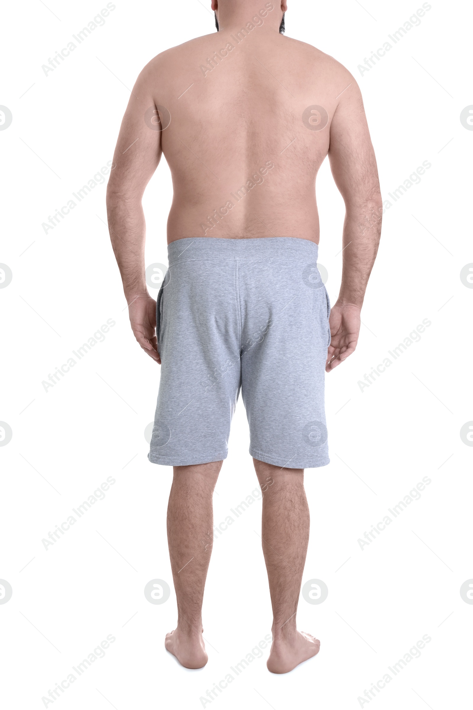 Photo of Overweight man isolated on white, closeup. Weight loss