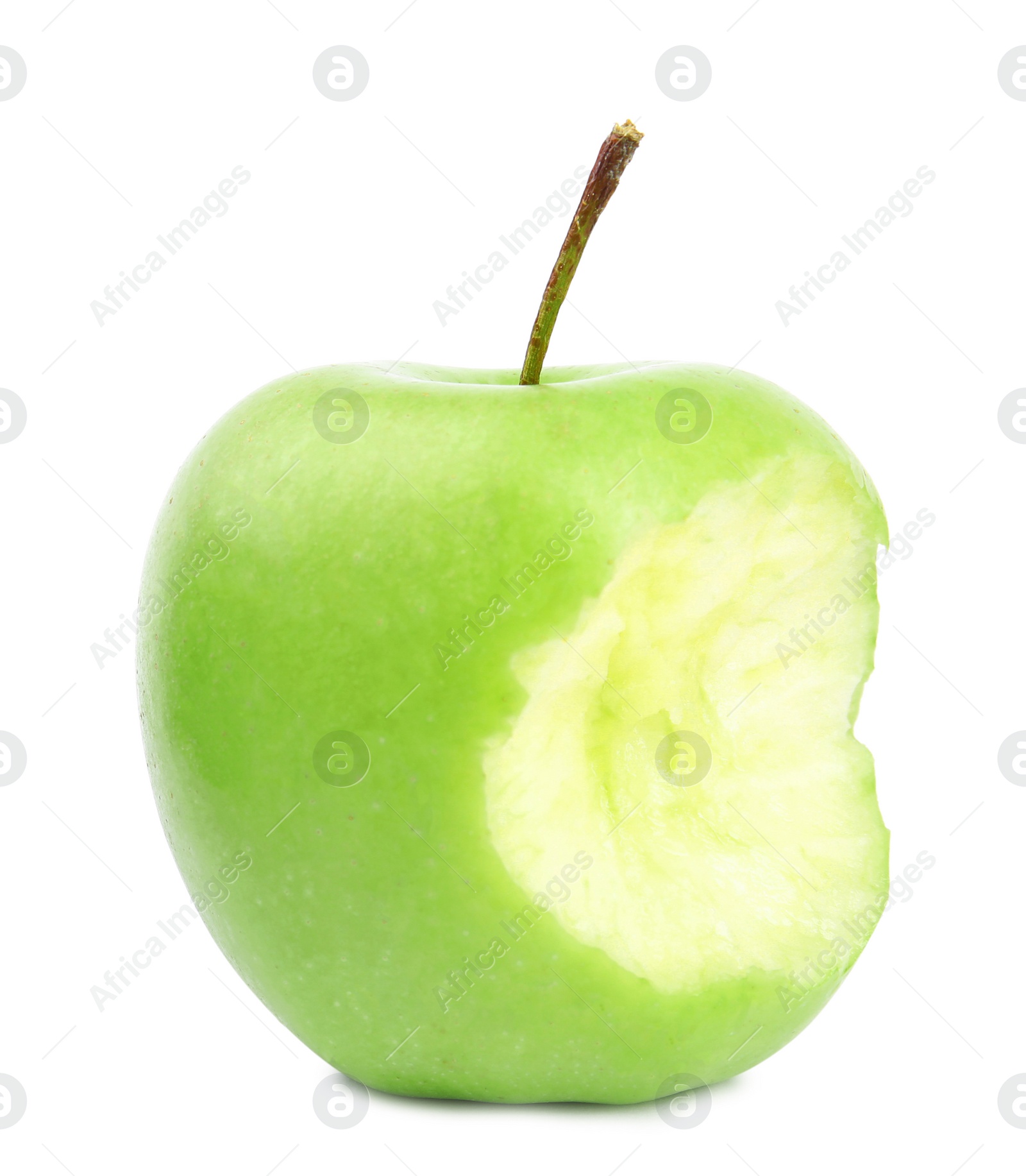 Photo of Fresh ripe green apple with bite mark on white background